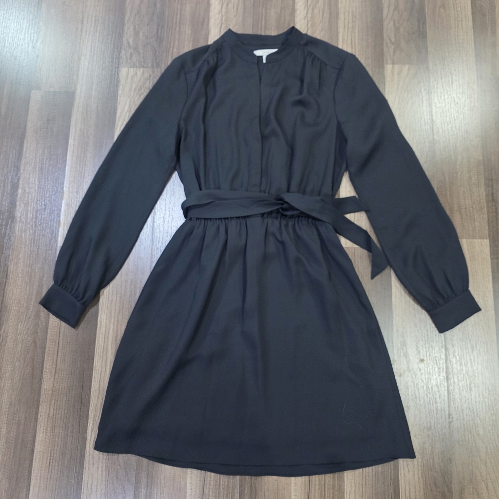 Joie Leonore Chic V Neck Mini Dress in Caviar Black Matte Satin w/Tie Waist LBD